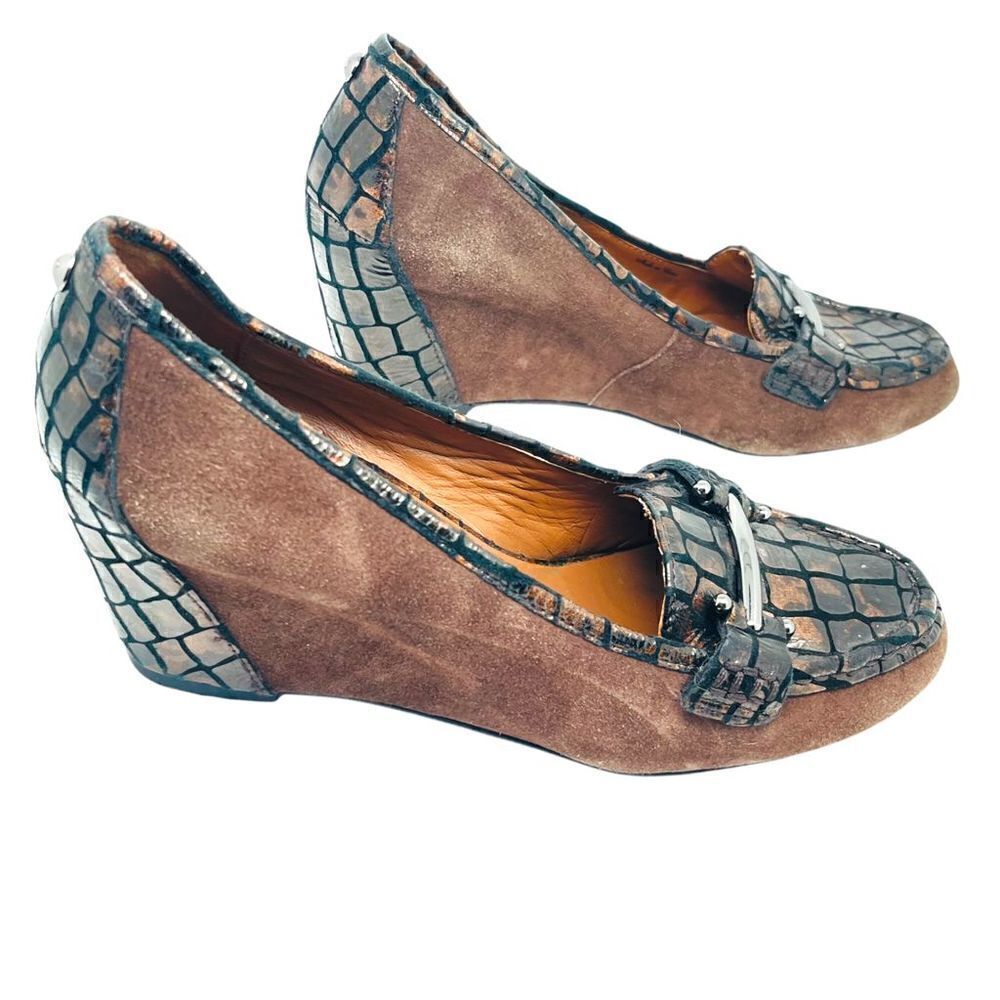 Donald Pliner Metallic Brown Wedge Suede Leather Croc Embossed Heels Euc Size 8